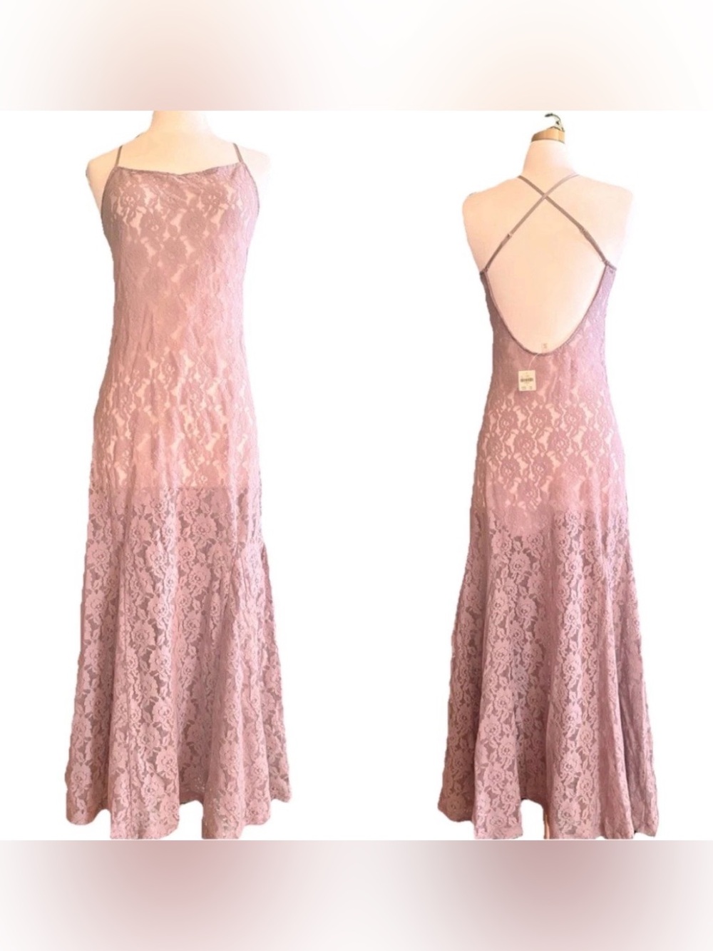 Anthropologie Lace Godet Maxi Slip Dress Mauve Lace Open Back Size M NWT - Picture 5 of 9